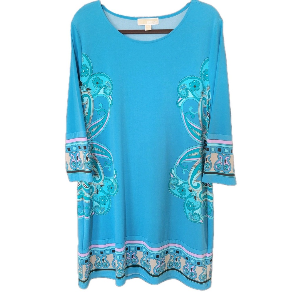 MICHAEL KORS Women's Dress‎ SZ 12 Blue Paisley Print Accents Stretch Cool Boho